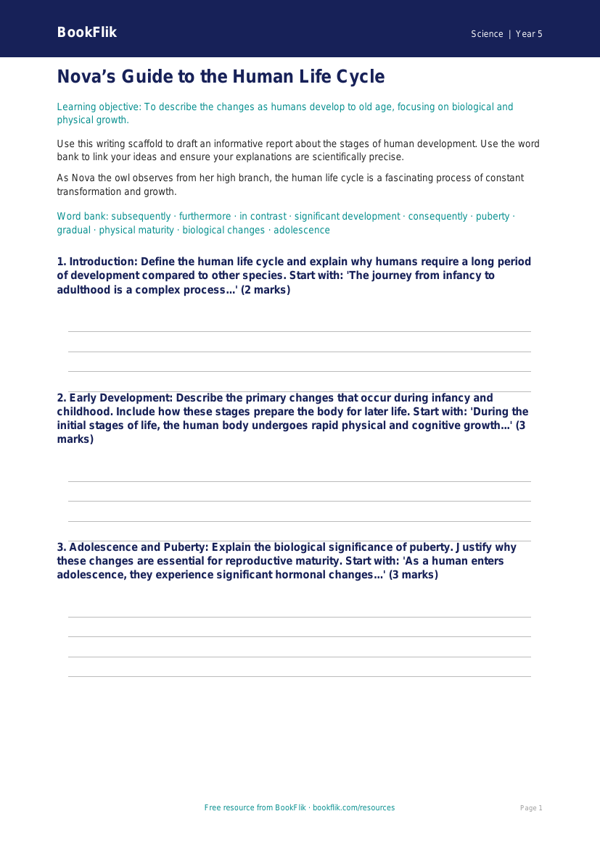 Free Human Body Writing Frame | Year 5 Greater Depth | BookFlik worksheet preview — Science Human Body