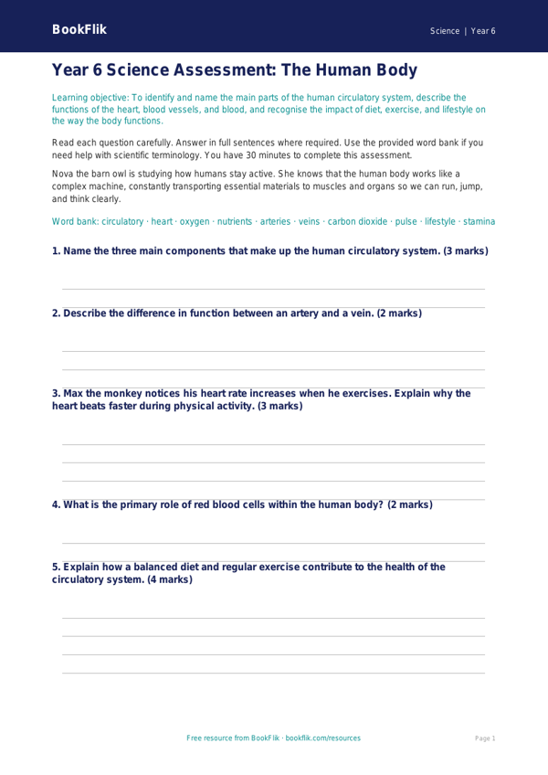 Free Human Body Assessment | Year 6 Core | BookFlik worksheet preview — Science Human Body
