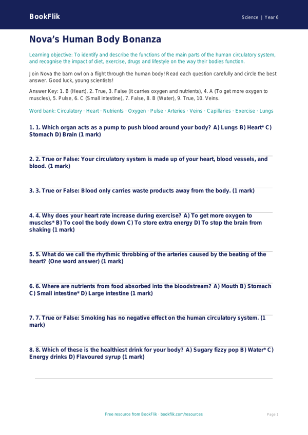 Free Human Body Quiz | Year 6 Core | BookFlik worksheet preview — Science Human Body