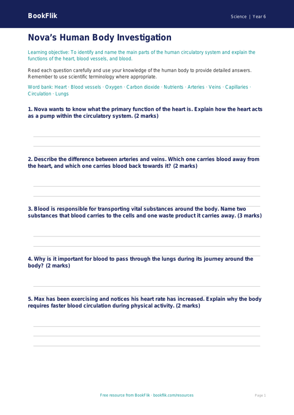 Free Human Body Worksheet | Year 6 Core | BookFlik worksheet preview — Science Human Body