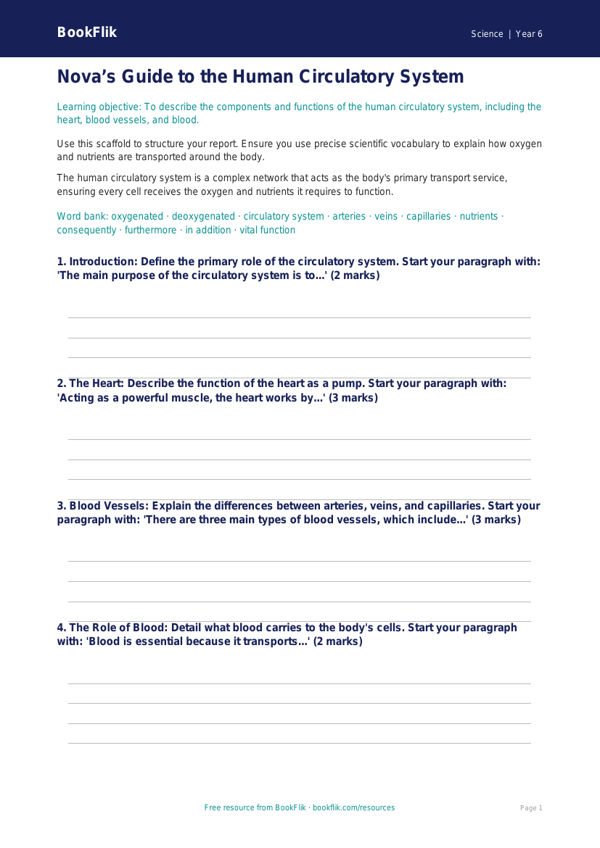 Free Human Body Writing Frame | Year 6 Science | BookFlik worksheet preview — Science Human Body