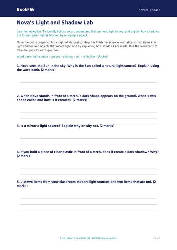 Free Light Activity Sheet | Year 3 Core | BookFlik worksheet preview — Science Light