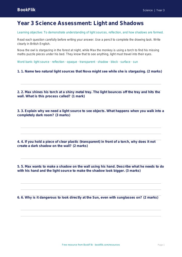 Free Light Assessment | Year 3 Science Worksheet | BookFlik worksheet preview — Science Light