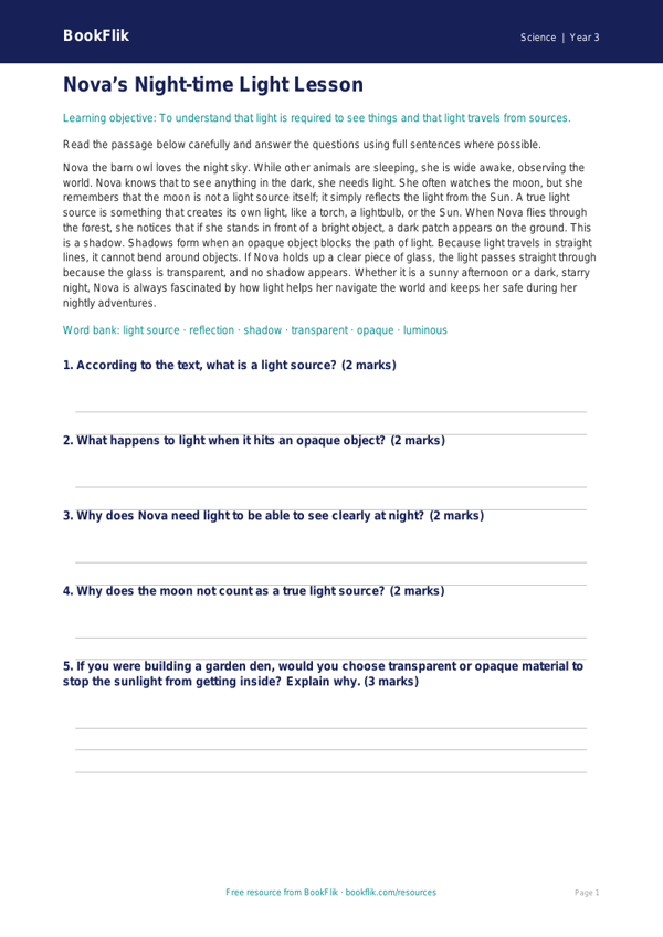Free Light Comprehension | Year 3 Core | BookFlik worksheet preview — Science Light