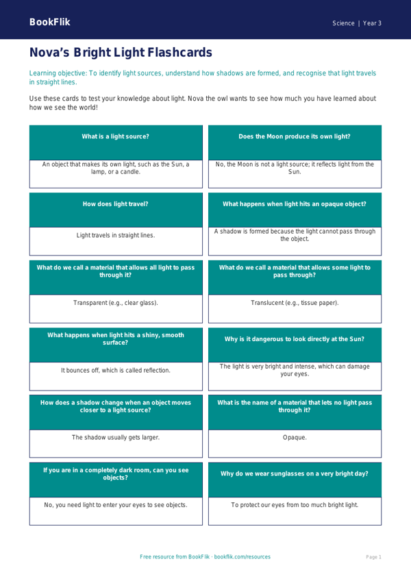 Free Light Flashcards | Year 3 Core | BookFlik worksheet preview — Science Light