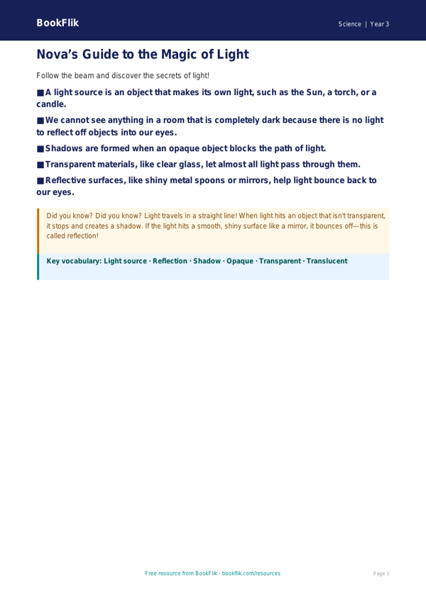 Free Light Poster | Year 3 Core | BookFlik worksheet preview — Science Light