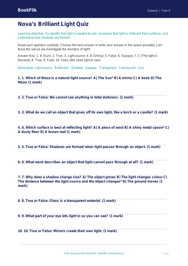 Free Light Quiz | Year 3 Core | BookFlik worksheet preview — Science Light