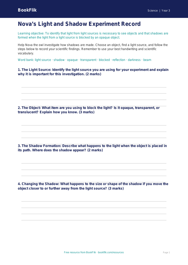 Free Light Template | Year 3 Core | BookFlik worksheet preview — Science Light