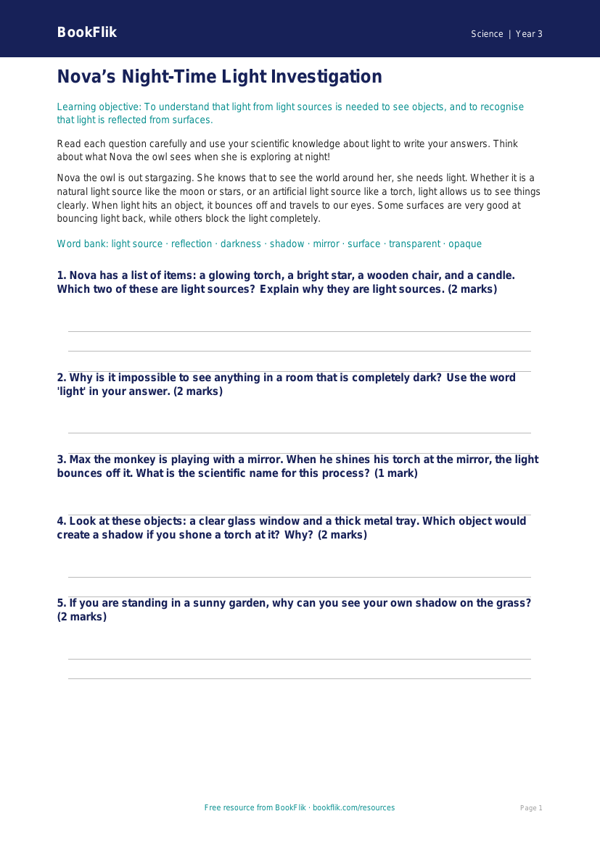 Free Light Worksheet | Year 3 Core | BookFlik worksheet preview — Science Light