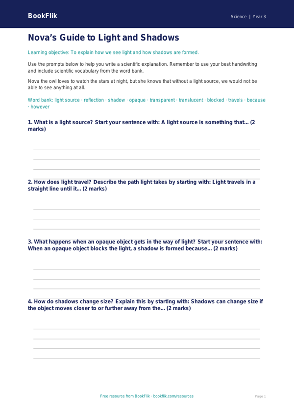 Free Light Writing Frame | Year 3 Core | BookFlik worksheet preview — Science Light