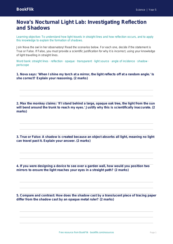 Free Light Activity Sheet | Year 5 Greater Depth | BookFlik worksheet preview — Science Light