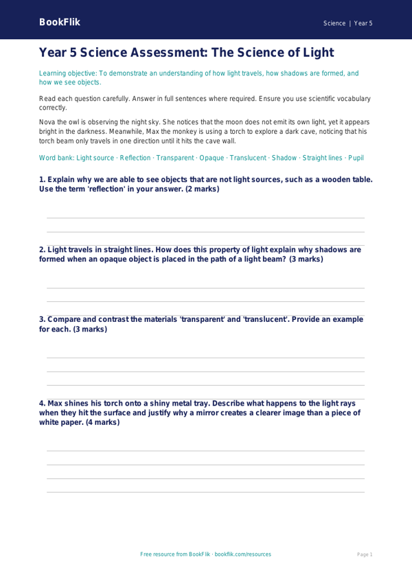 Free Light Assessment | Year 5 Greater Depth | BookFlik worksheet preview — Science Light