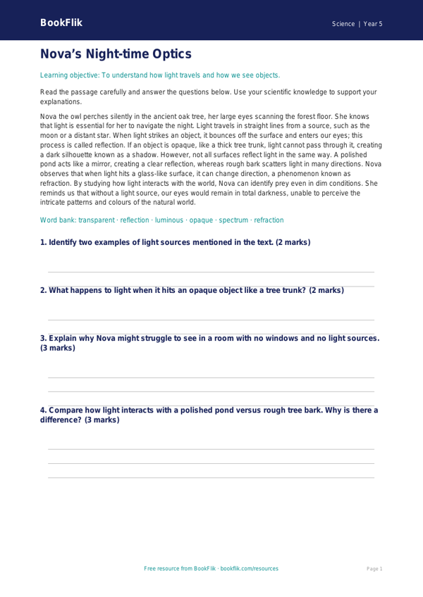 Free Light Comprehension | Year 5 Greater Depth | BookFlik worksheet preview — Science Light