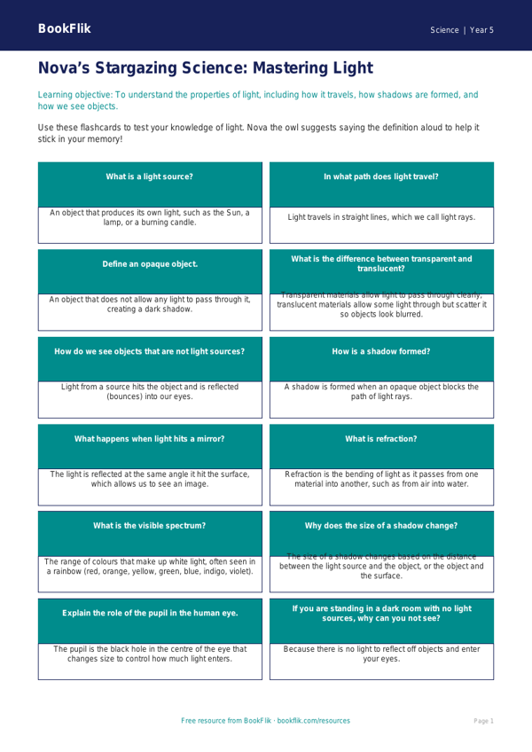 Free Light Flashcards | Year 5 Greater Depth | BookFlik worksheet preview — Science Light