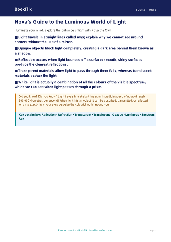 Free Light Poster | Year 5 Greater Depth | BookFlik worksheet preview — Science Light