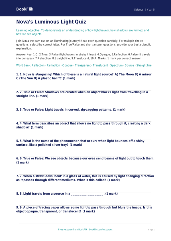 Free Light Quiz | Year 5 Greater Depth | BookFlik worksheet preview — Science Light
