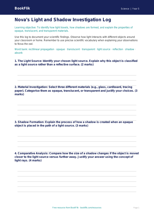 Free Light Template | Year 5 Greater Depth | BookFlik worksheet preview — Science Light