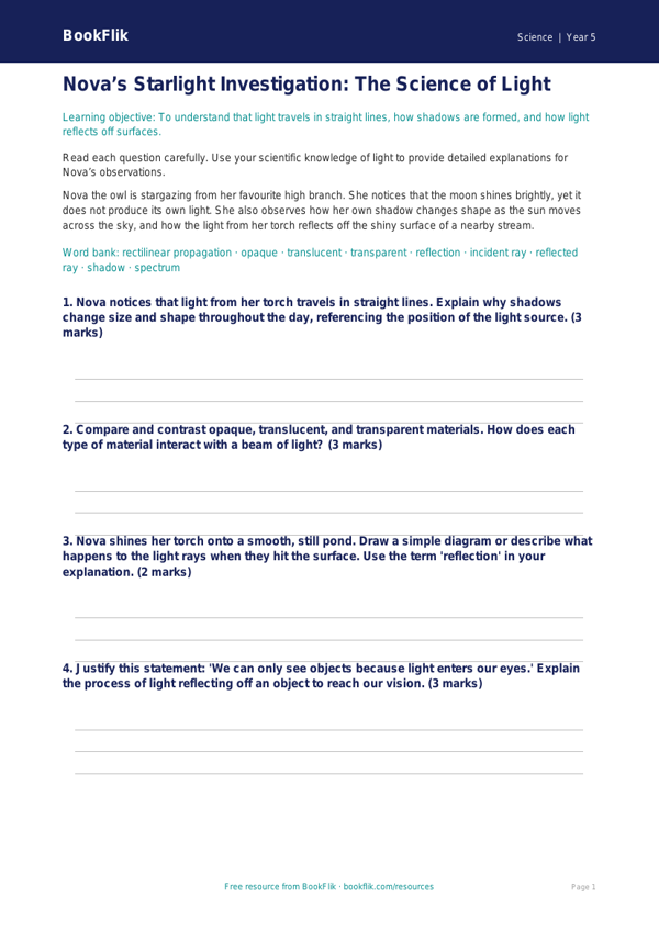Free Light Worksheet | Year 5 Greater Depth | BookFlik worksheet preview — Science Light