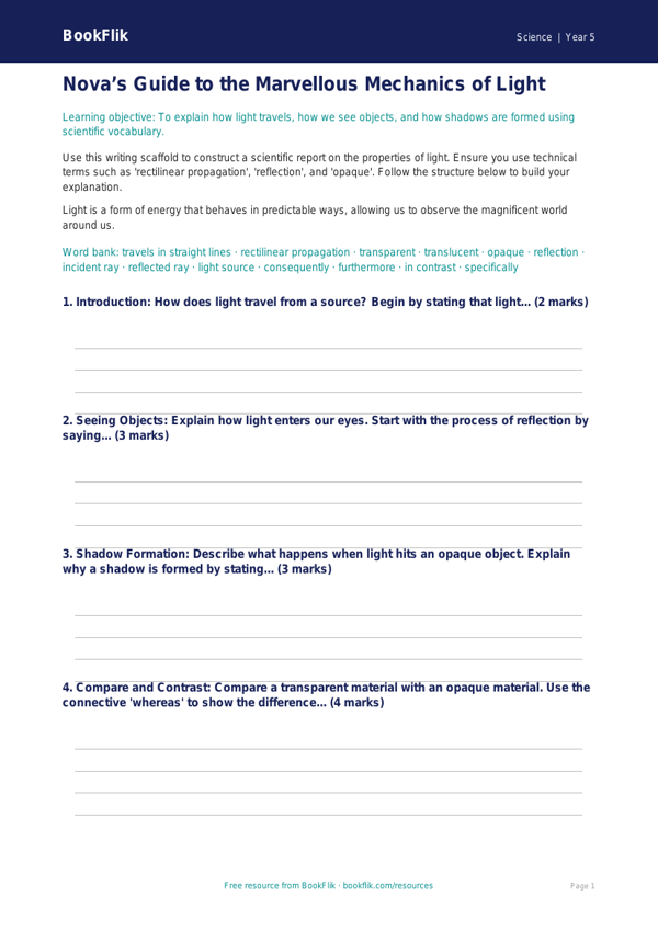 Free Light Writing Frame | Year 5 Greater Depth | BookFlik worksheet preview — Science Light