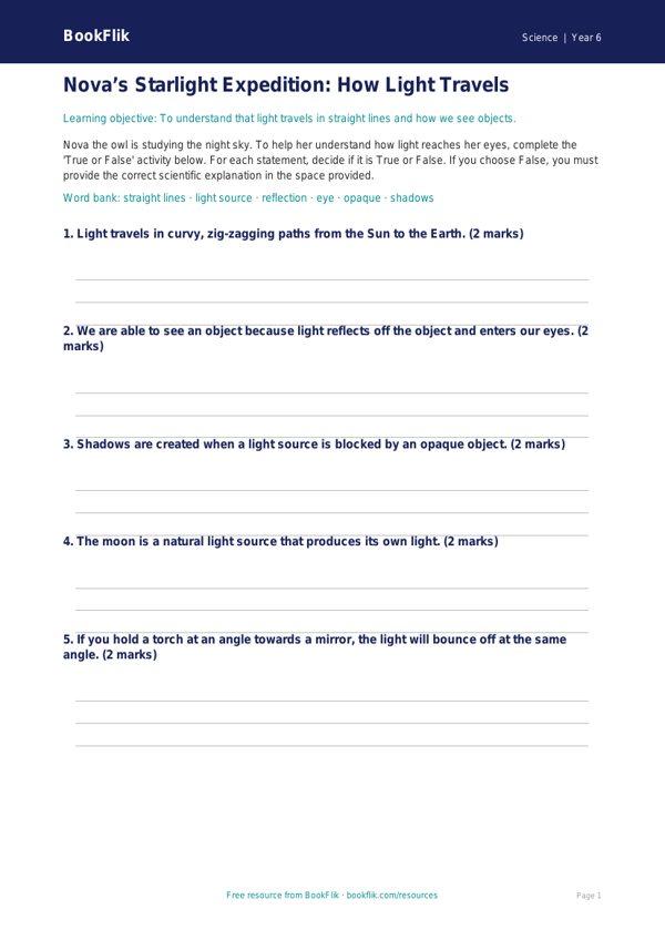 Free Light Activity Sheet | Year 6 Core | BookFlik worksheet preview — Science Light