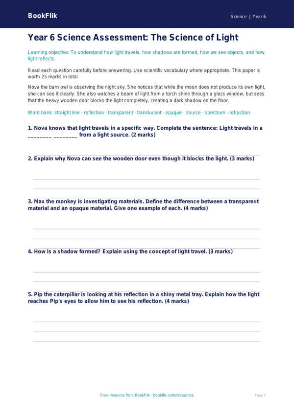 Free Light Assessment | Year 6 Core | BookFlik worksheet preview — Science Light