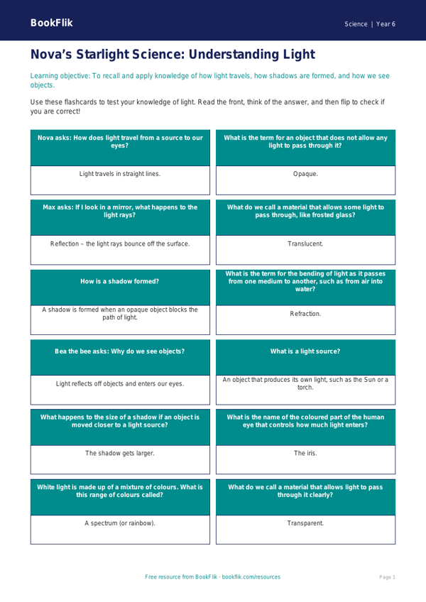 Free Light Flashcards | Year 6 Core | BookFlik worksheet preview — Science Light