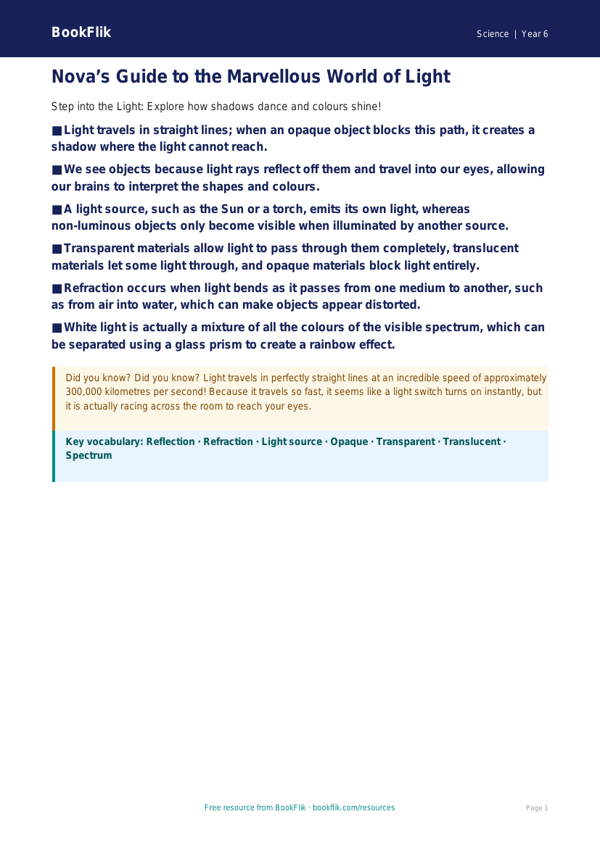 Free Light Poster | Year 6 Core | BookFlik worksheet preview — Science Light