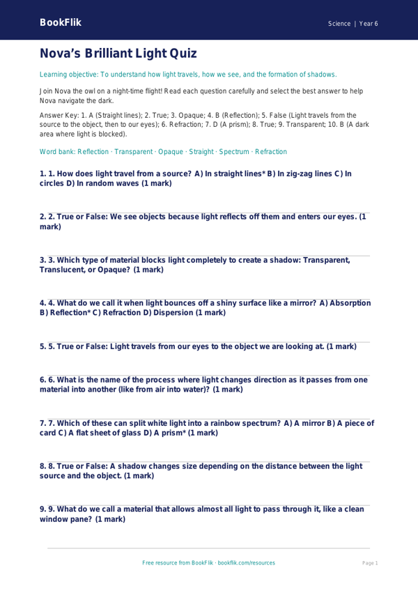Free Light Quiz | Year 6 Core | BookFlik worksheet preview — Science Light