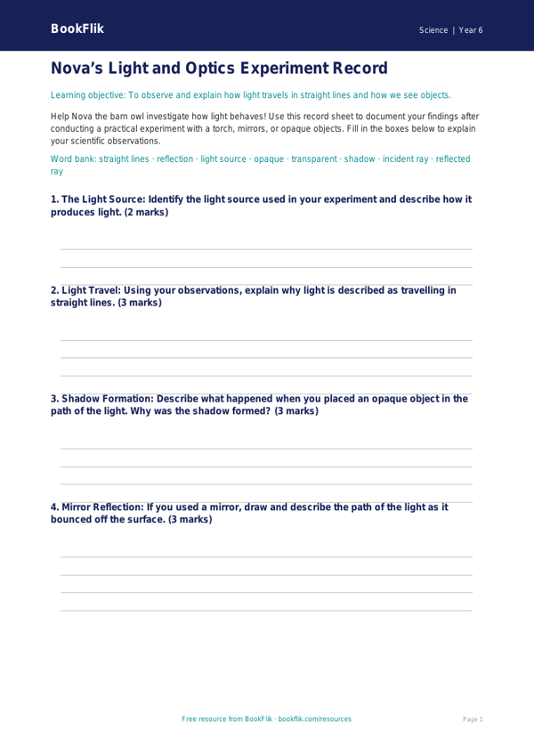 Free Light Worksheet Template | Year 6 Science | BookFlik worksheet preview — Science Light