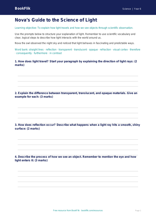 Free Light Writing Frame | Year 6 Core | BookFlik worksheet preview — Science Light