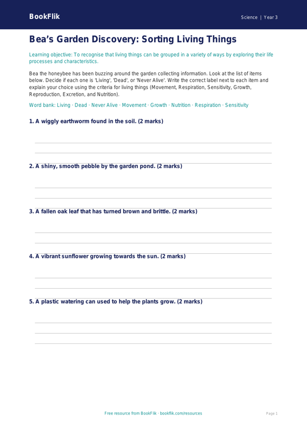Free Living Things Activity Sheet | Year 3 Core | BookFlik worksheet preview — Science Living Things