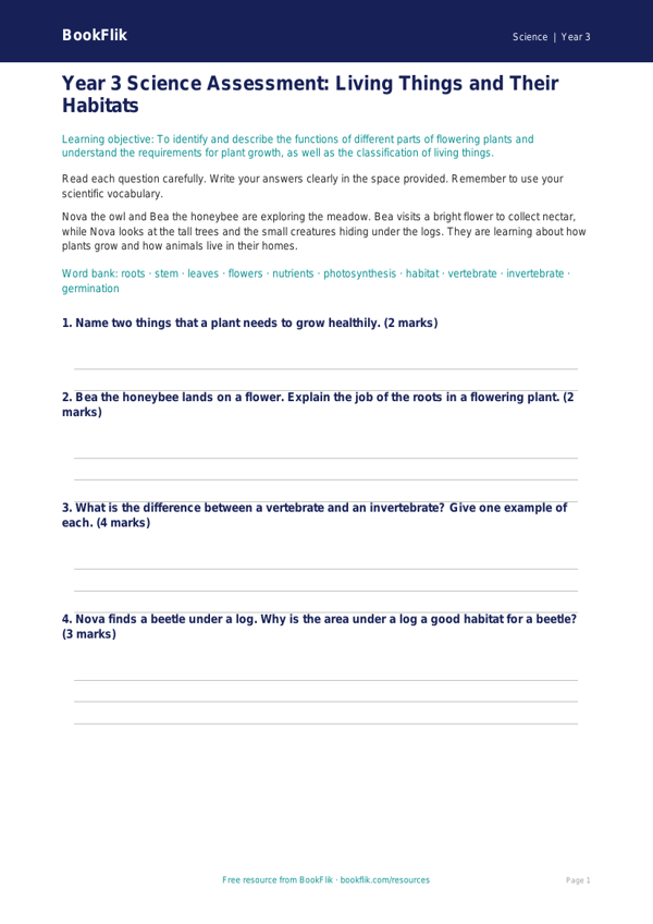 Free Living Things Assessment | Year 3 Core | BookFlik worksheet preview — Science Living Things