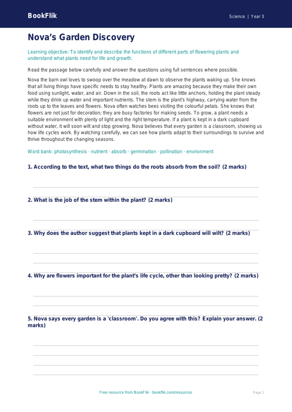 Free Living Things Comprehension | Year 3 Core | BookFlik worksheet preview — Science Living Things