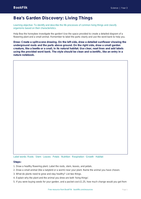 Free Living Things Drawing Sheet | Year 3 Core | BookFlik worksheet preview — Science Living Things