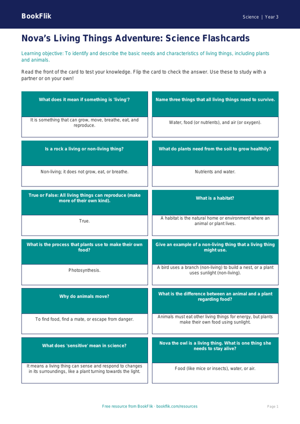 Free Living Things Flashcards | Year 3 Core | BookFlik worksheet preview — Science Living Things