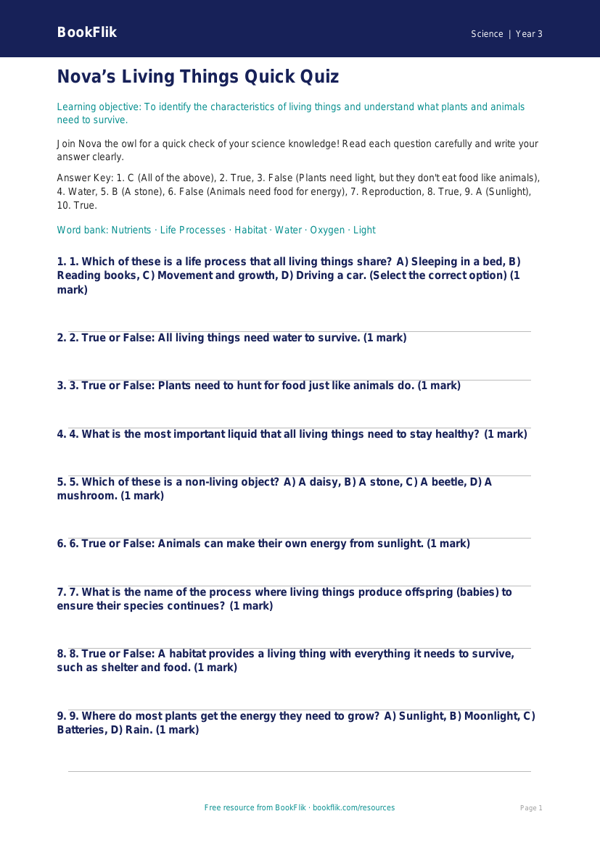 Free Living Things Quiz | Year 3 Science Worksheet | BookFlik worksheet preview — Science Living Things