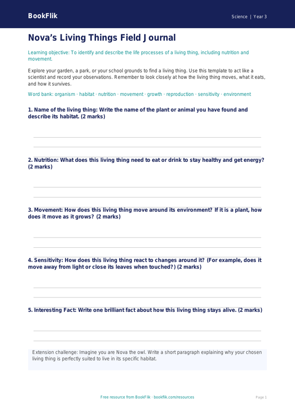 Free Living Things Template | Year 3 Core | BookFlik worksheet preview — Science Living Things