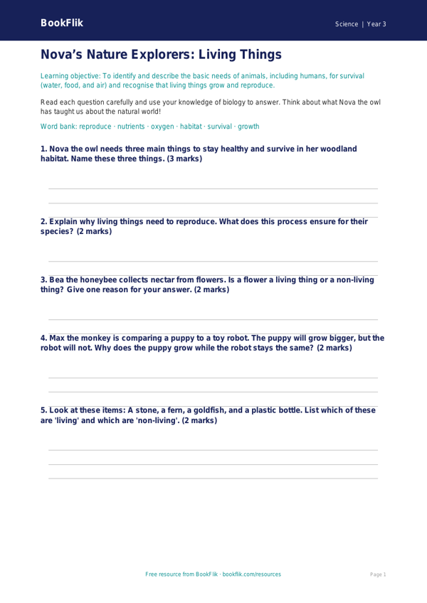 Free Living Things Worksheet | Year 3 Core | BookFlik worksheet preview — Science Living Things