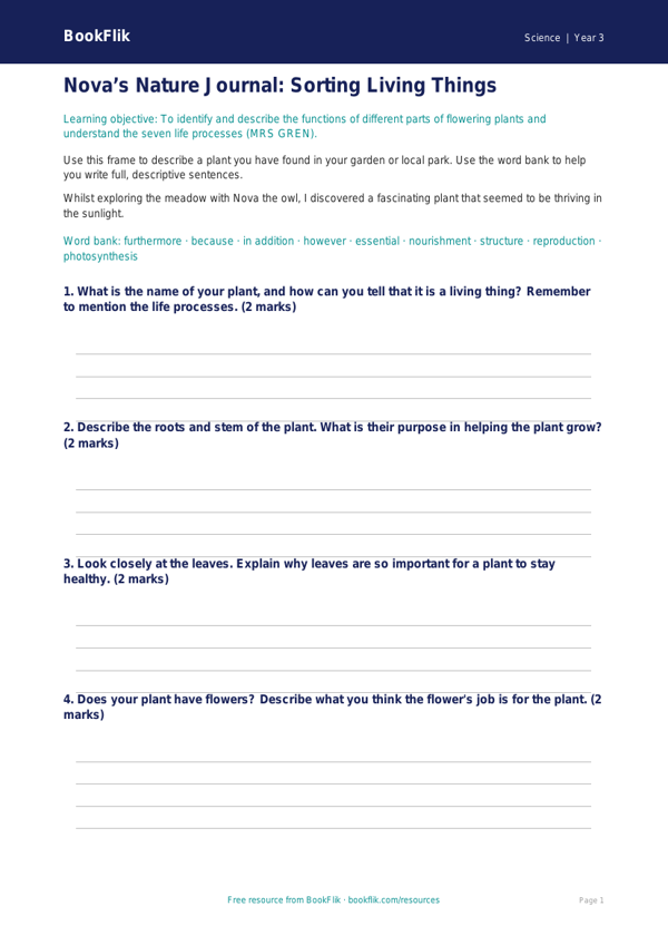 Free Living Things Writing Frame | Year 3 Core | BookFlik worksheet preview — Science Living Things