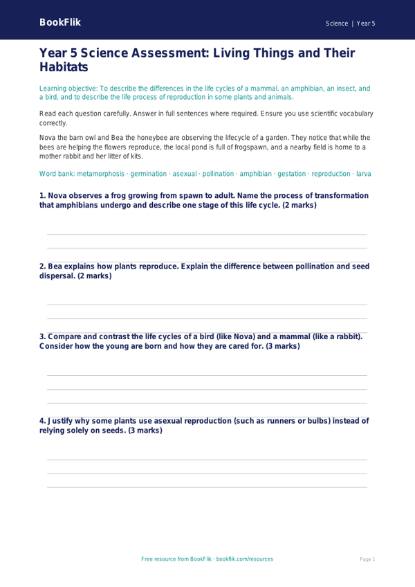 Free Living Things Assessment | Year 5 Greater Depth | BookFlik worksheet preview — Science Living Things