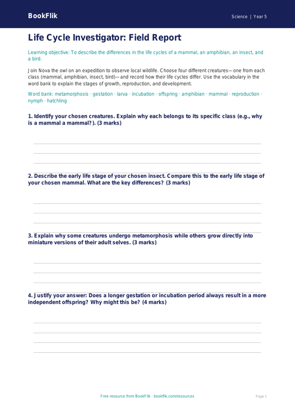 Free Living Things Template | Year 5 Greater Depth | BookFlik worksheet preview — Science Living Things