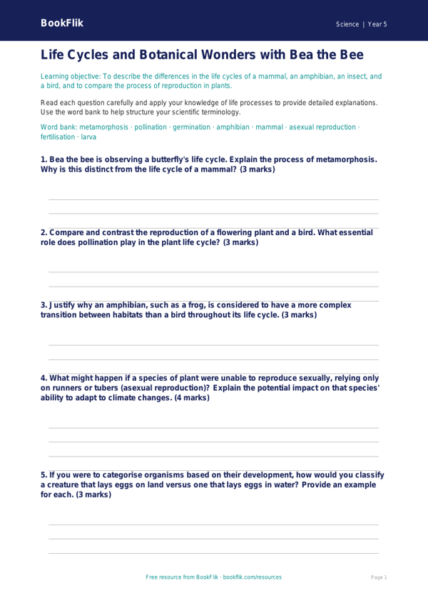 Free Living Things Worksheet | Year 5 Greater Depth | BookFlik worksheet preview — Science Living Things