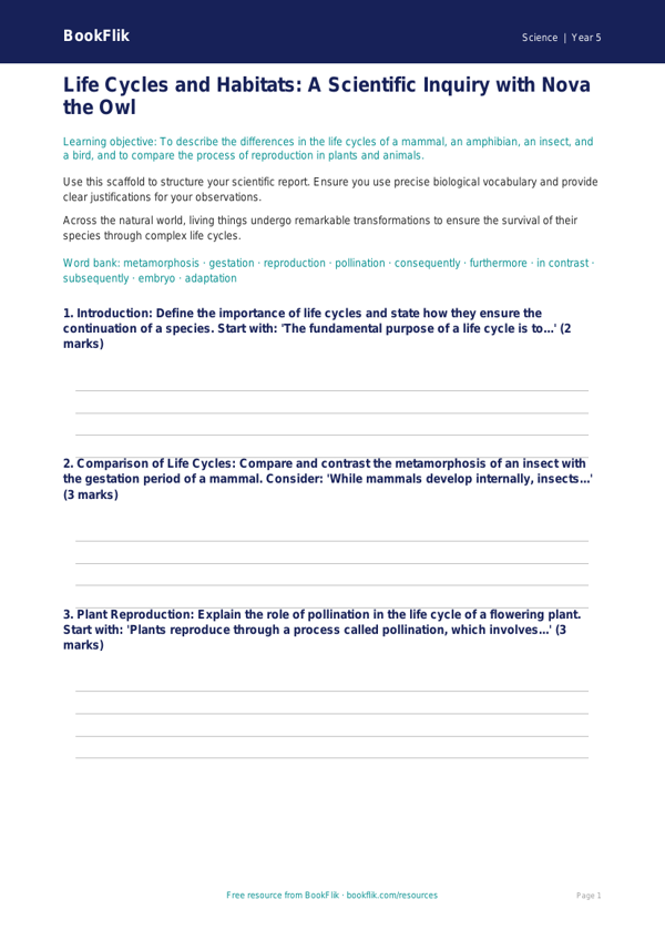 Free Living Things Writing Frame | Year 5 Greater Depth | BookFlik worksheet preview — Science Living Things