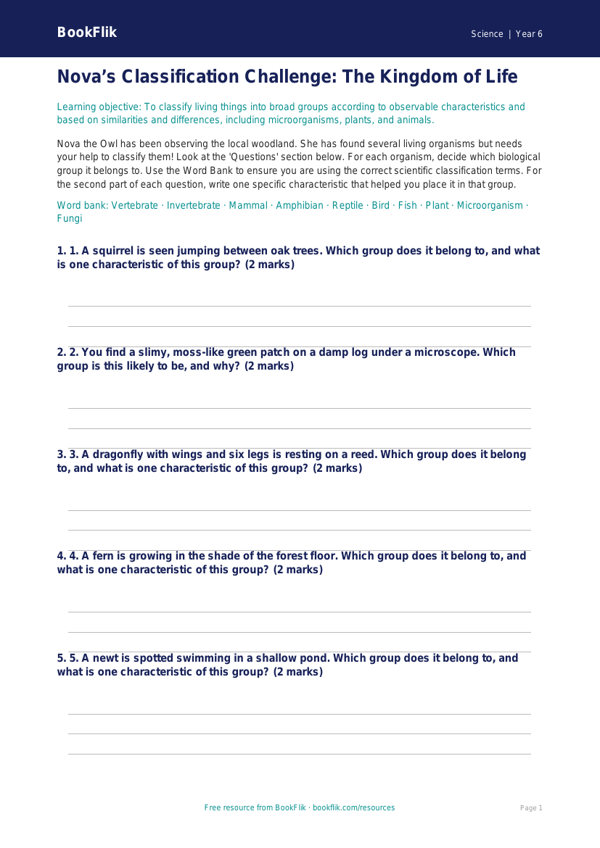 Free Living Things Activity Sheet | Year 6 Core | BookFlik worksheet preview — Science Living Things