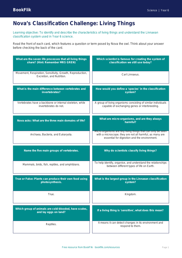 Free Living Things Flashcards | Year 6 Core | BookFlik worksheet preview — Science Living Things