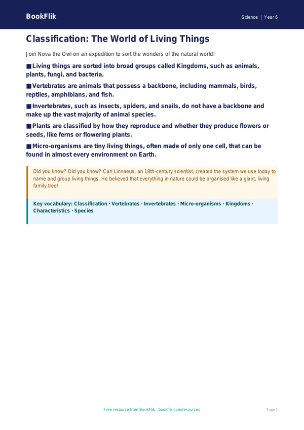 Free Living Things Poster | Year 6 Core | BookFlik worksheet preview — Science Living Things