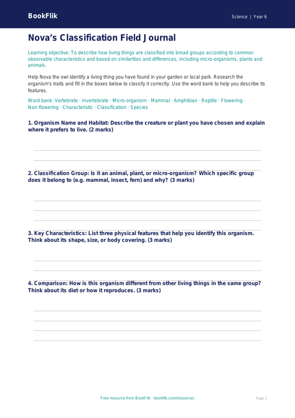 Free Living Things Template | Year 6 Core | BookFlik worksheet preview — Science Living Things