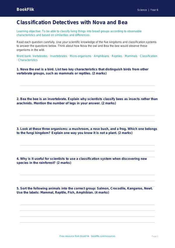 Free Living Things Worksheet | Year 6 Core | BookFlik worksheet preview — Science Living Things