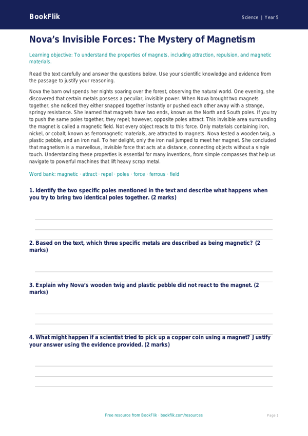 Free Magnets Comprehension | Year 5 Greater Depth | BookFlik worksheet preview — Science Magnets