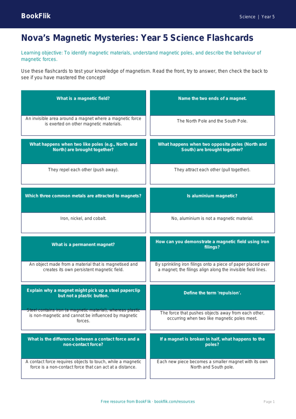 Free Magnets Flashcards | Year 5 Greater Depth | BookFlik worksheet preview — Science Magnets